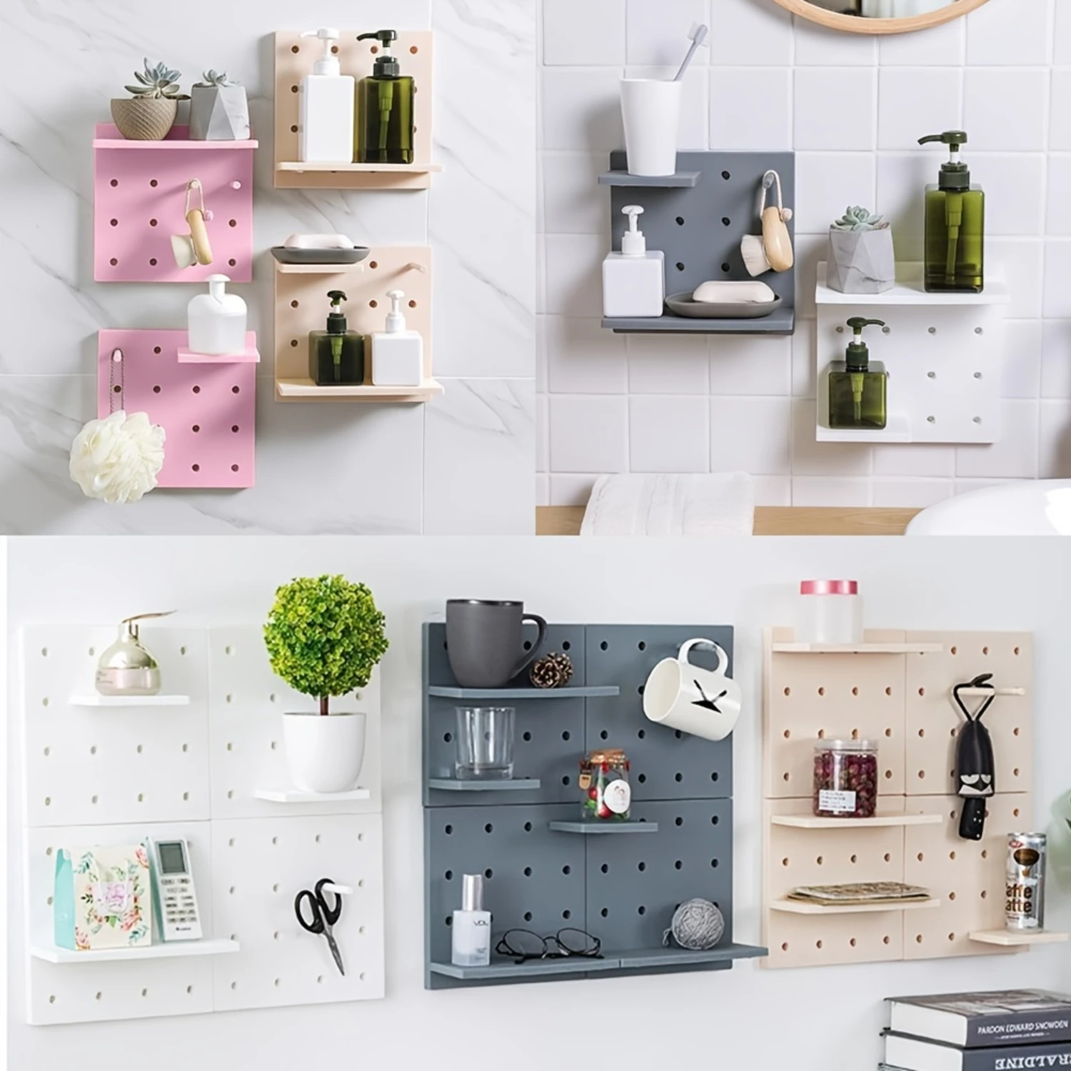 

Adjustable Wall-Mounted Pegboard Shelf Organizer for Bathroom Office Kitchen Living Room Wall Decor Monitor stand Toilet shelf