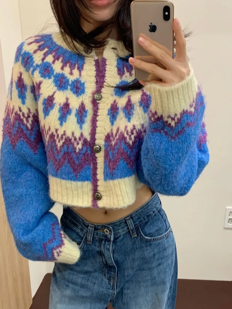 

Синий вязаный свитер Fair Isle, пальто, женский ор, скандинавский ретро, ленивый, осенне-зимний, Новое поступление, модный женский топ