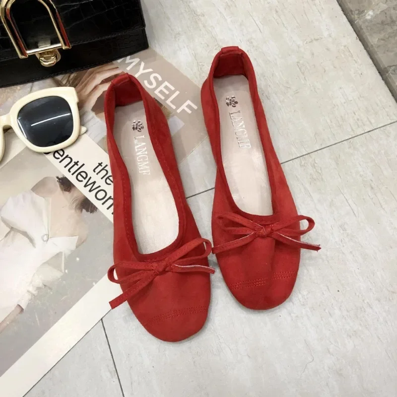 Women Suede Flat Shoes Summer Fashion Soft Shallow Mouth Dress Comfortable and Simple Fabric Flocking Soft Soled Casual Shoes