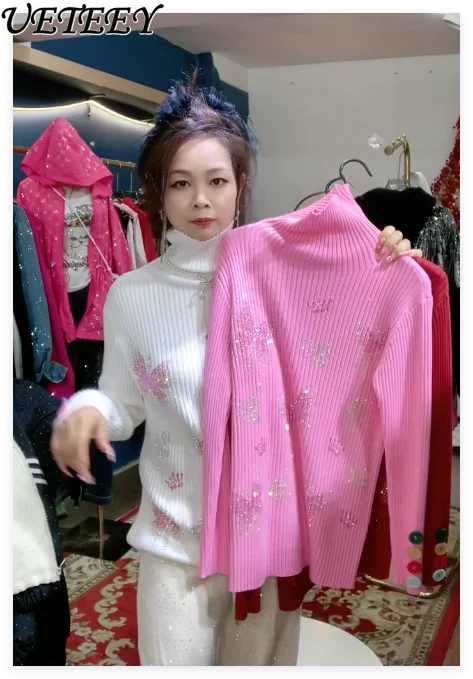 

Свитер с высоким воротником и стразами, пуловер, женский утолщенный теплый вязаный базовый свитер в рубчик, осень-зима, новый черный свитер, джемпер, топ