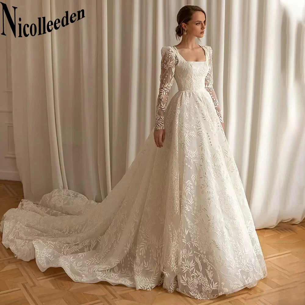 Maternity Floral Lace Wedding Dress with Square Collar