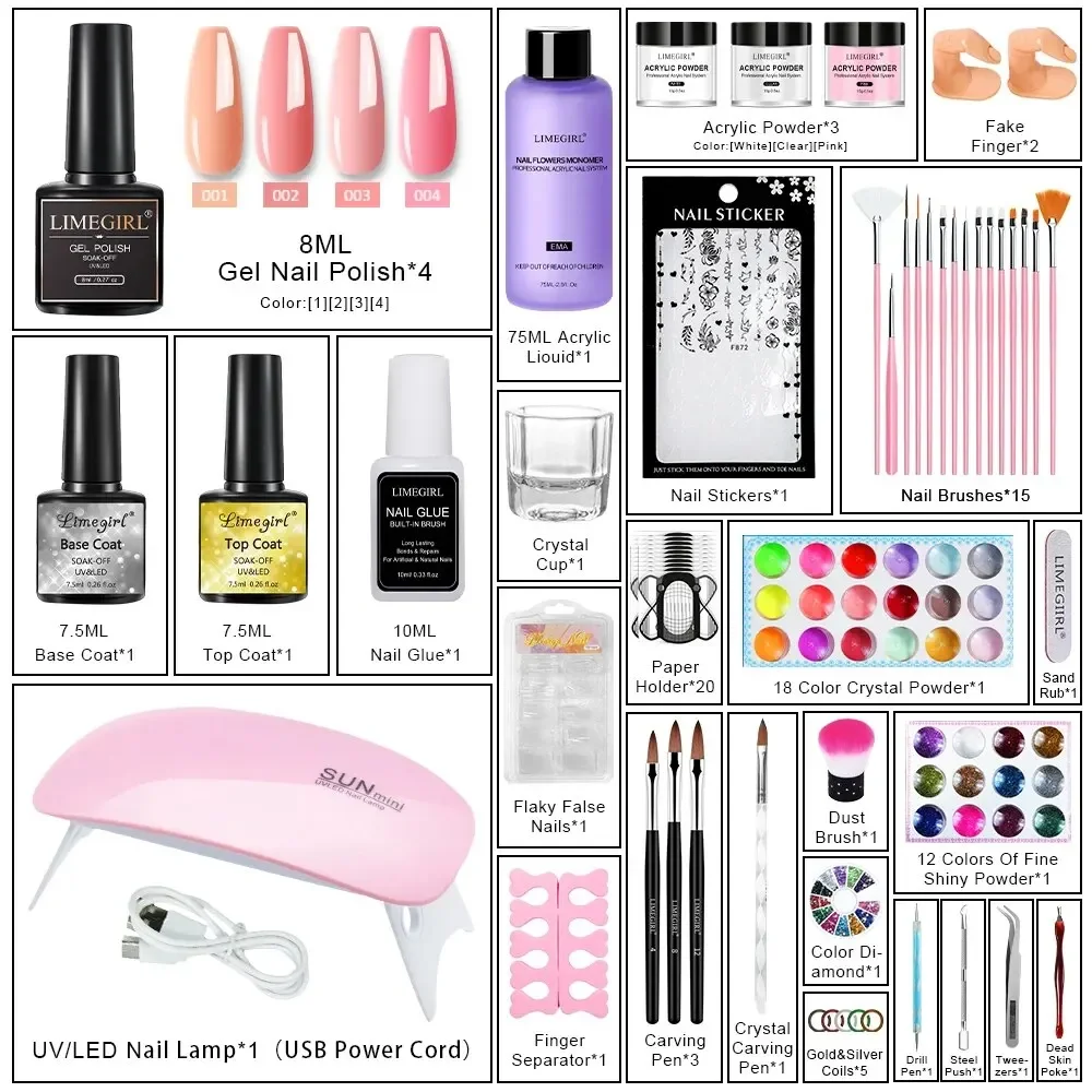 Kit de herramientas para manicura acrílica, juego de uñas acrílicas y acrílicas, con purpurina, para Nail Art