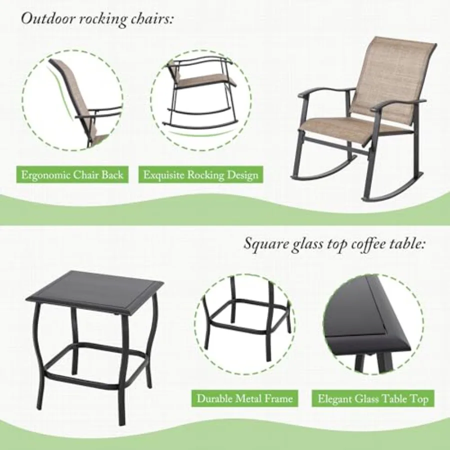 Shintenchi Rocking Chair Outdoor with Table 3 Piece Rocking Patio Bistro Set Outdoor Furniture Set with Metal Frame and Textile