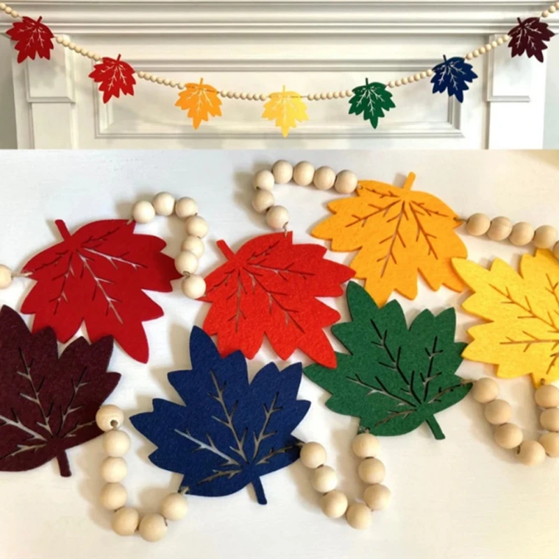 4.27ft Wood Bead Garland with Felt Maple Leaves Pumpkin Pattern Farmhouse Rustic Wall Hanging Decoration for Thanksgiving Party