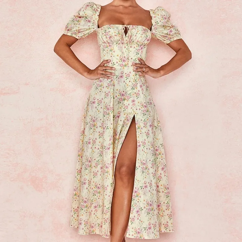 Skinny floral prints Dresses for Summer Women\'s Dress Square Neck Short Bubble Sleeves High Waist Lace-up Maxi Split Dress