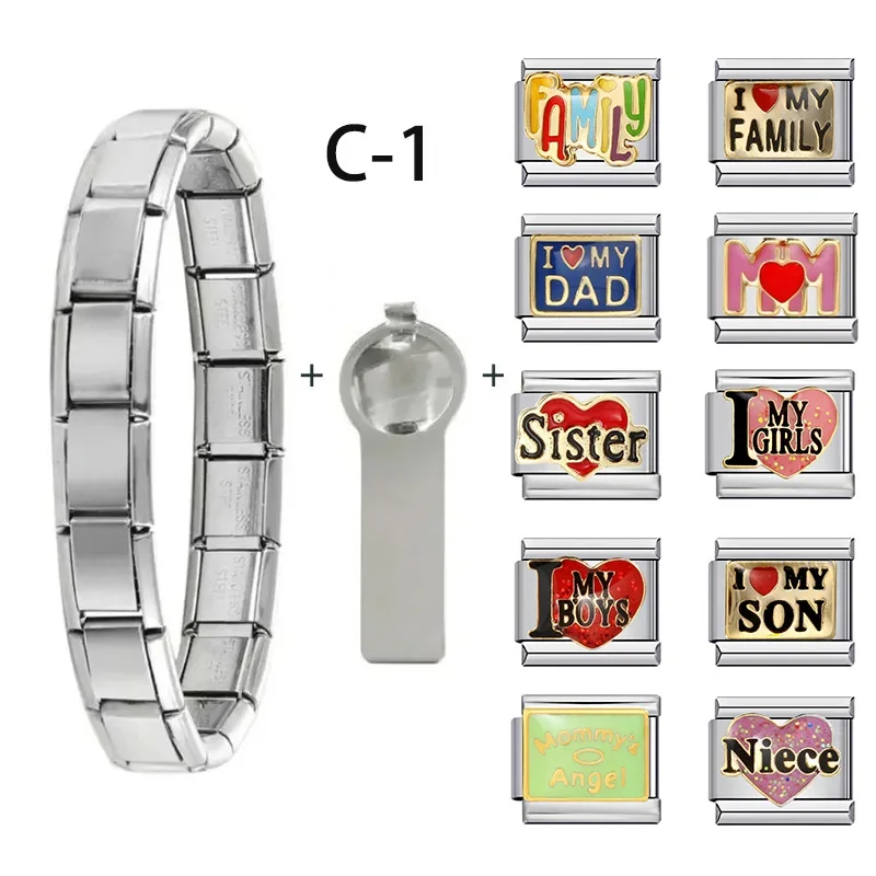 

1Set Family Love Friendship Italian Charm Bracelet Pack with Basic Chain and Tool 9mm Modular Stainless Steel Link DIY Making