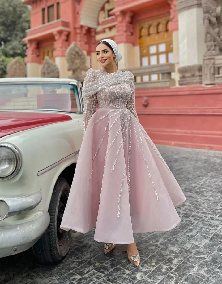 

Розовые блестящие мусульманские арабские вечерние платья для выпускного вечера с блестящей аппликацией, хиджаб, вечернее платье с длинными рукавами на Ближнем Востоке, на заказ