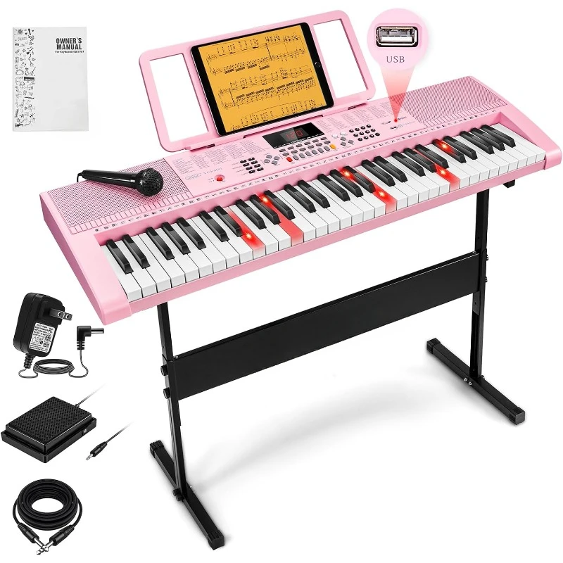 Pink Piano Keyboard 61 Key, Electric Keyboard 400 Rhythms, 50 Demos, Gift for Beginners，home.