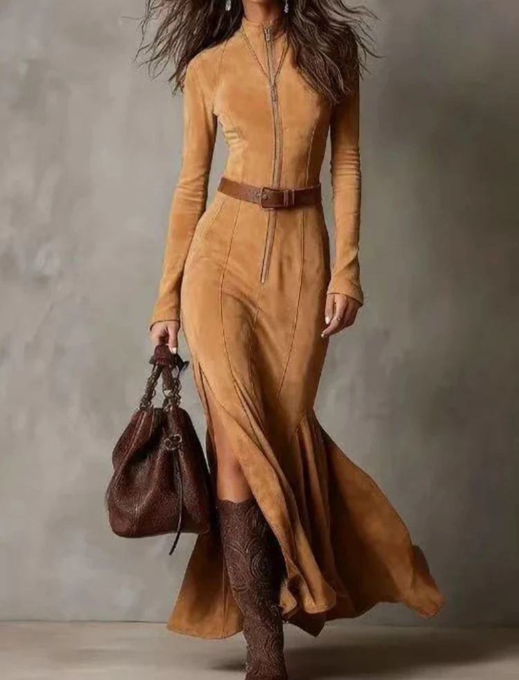 فستان ماكسي بياقة واقفة وسحاب مرقع لربيع الخريف للنساء فستان حفلات أنيق بأكمام طويلة، فستان أنيق وبسيط للسيدات