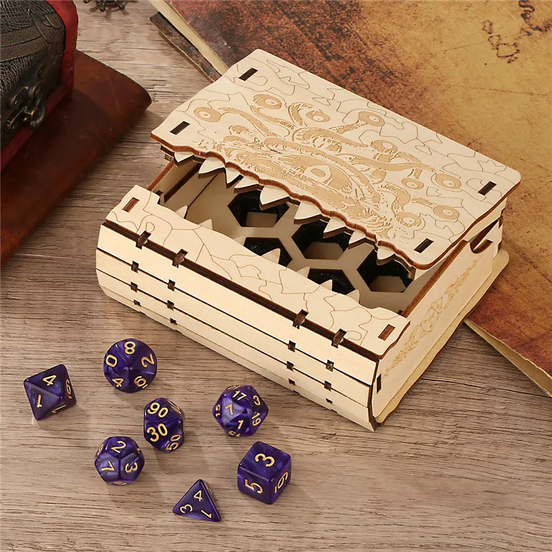 Fantasy Eye Demon Teeth Nature Wood Storage Box 7pcs/set Polyhedral Dices for Table Board Role Play Gaming Jewelry Display Case
