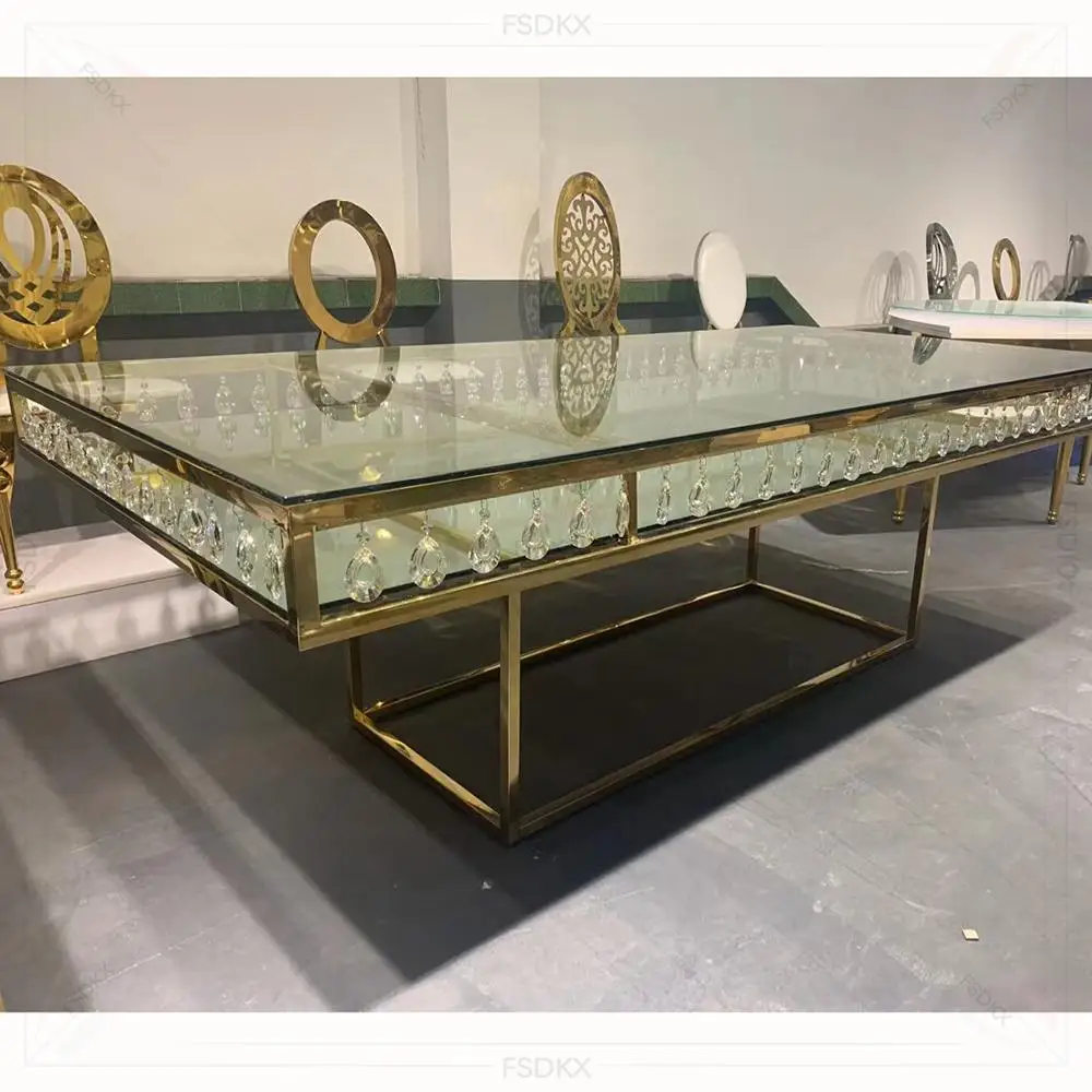 

FSDKX Cheap Wholesale Luxury Stainless Steel Glass Bride Tables for Wedding Events