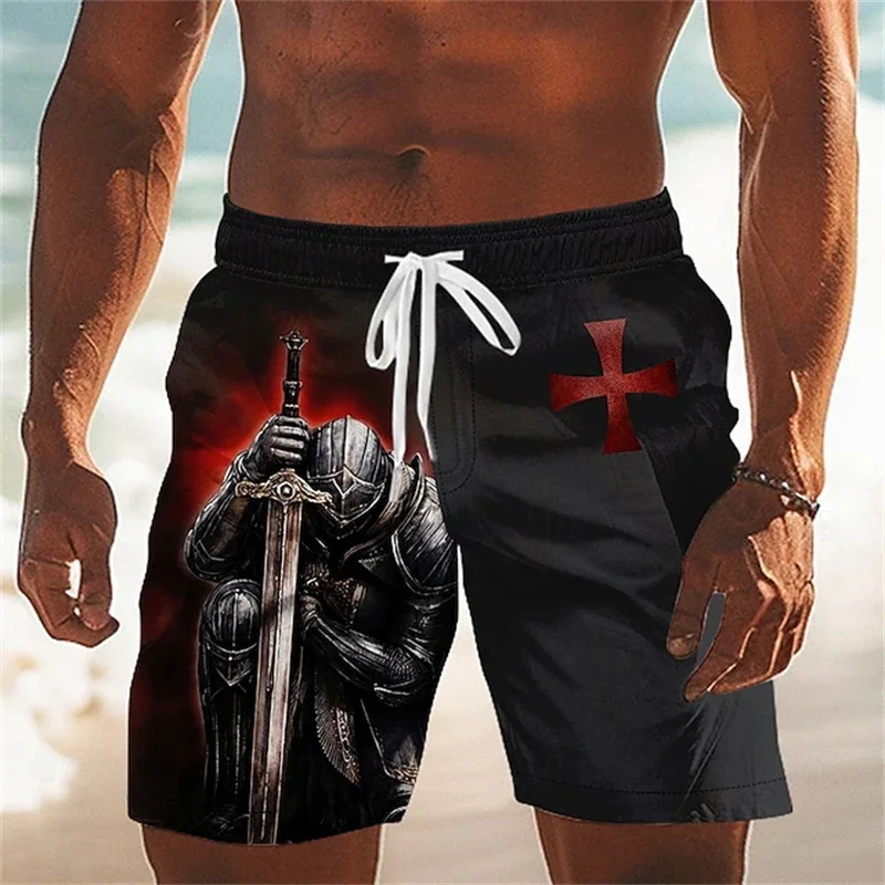 3D-gedruckte Templerkreuz-Grafik Herren Retro Casual Shorts Vintage Outdoor Alltag Elastischer Kordelzug Bund Sommer Badehose Neu – Detail 5