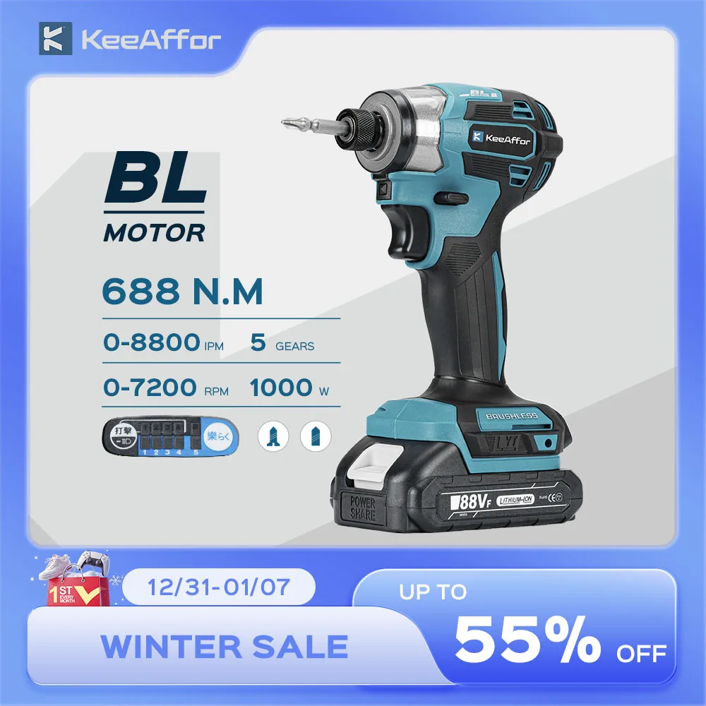 KEEAFFOR 688 N.m Bürstenloser Elektroschrauber 5 Gänge Akku-Elektro-Schlagschrauber-Set Bohrer für Makita 18 V Akku