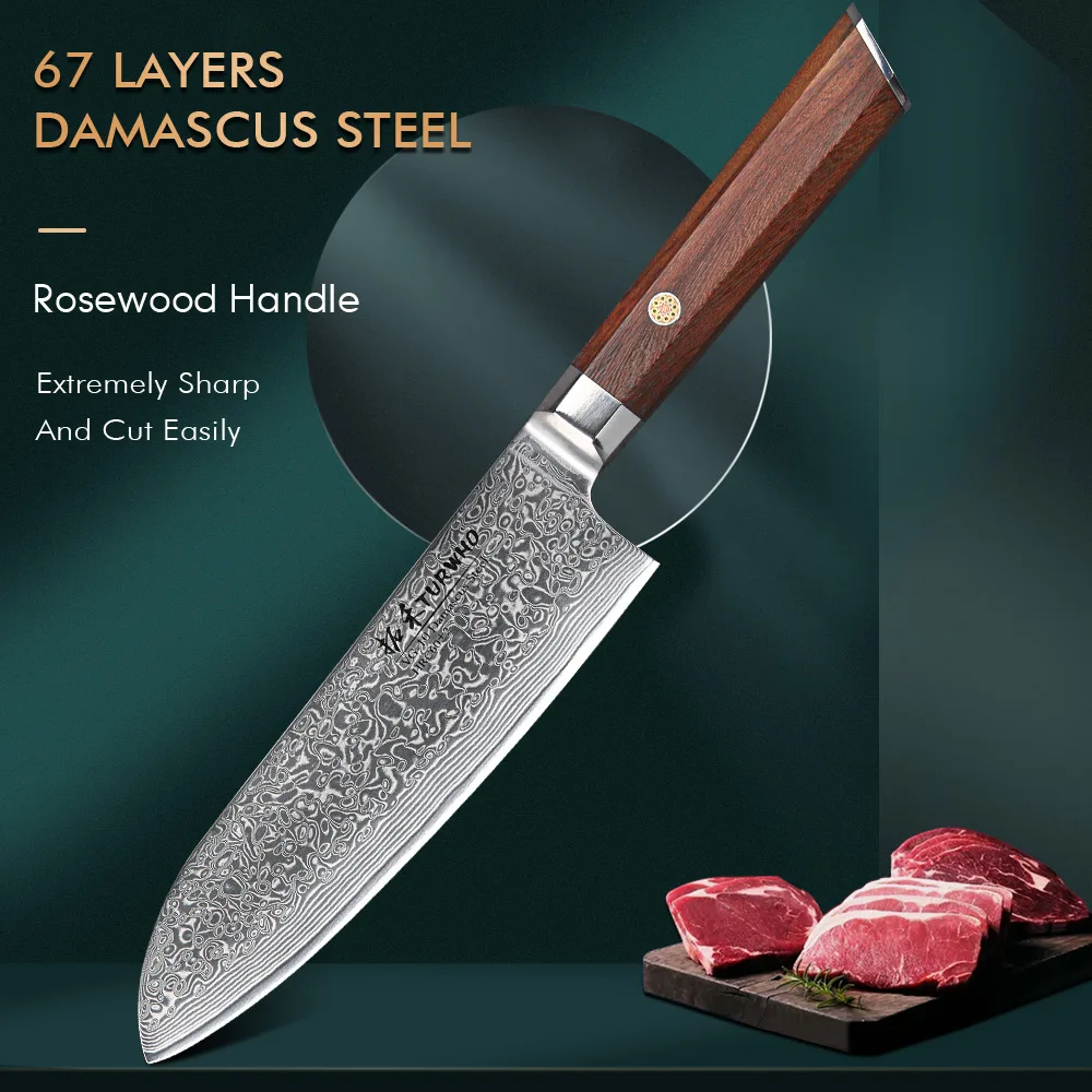 

TURWHO 7 Inch Japanese Santoku Knife 67 Layer Damascus Steel Professional Kitchen Knives Octagonal Handle VG10 Shape Chef Knife