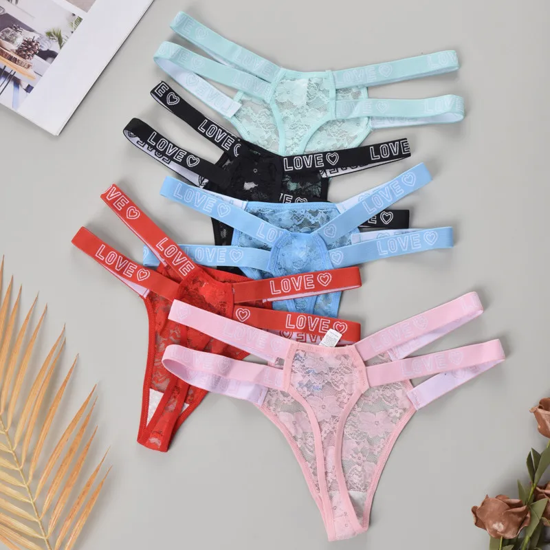 

Summer Cool Breathable Briefs Colorful Young Women Underwear Sexy Fashion Thong Letter Trend Embroidery Lace Seductive T-back