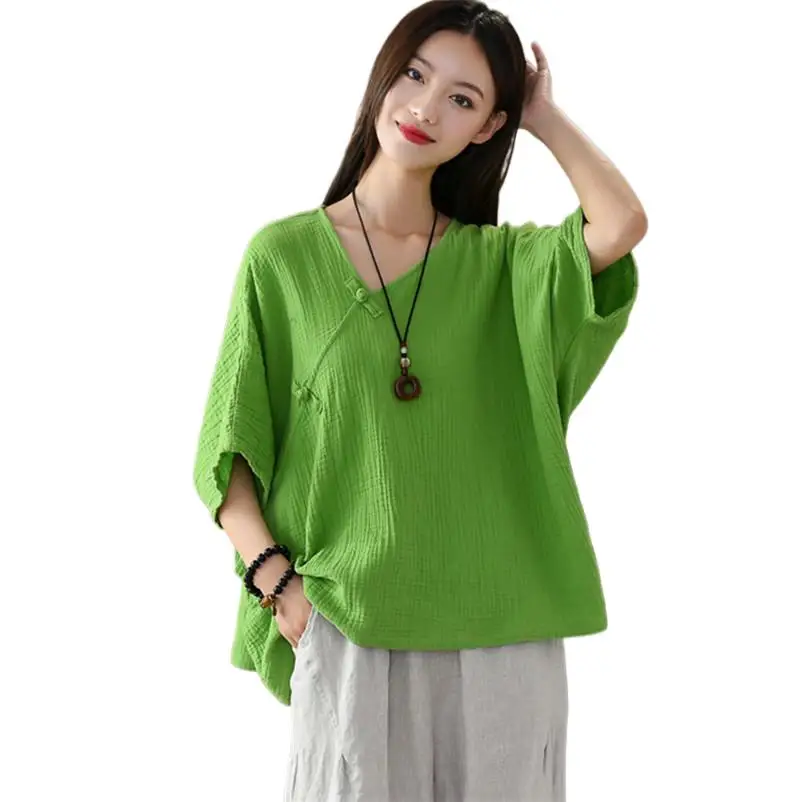 

2024 Women Cotton Linen Shirt Vintage Casual Loose Blouse Batwing Sleeve Candy Color V-Neck Freesize Tops Shirts