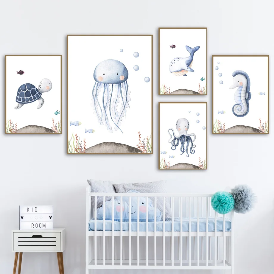 Turtle jellyfish whale octopus Nursery Wall Art Canvas Painting Under The Sea Life Posters Wall Pictures Baby Kids Room Decor