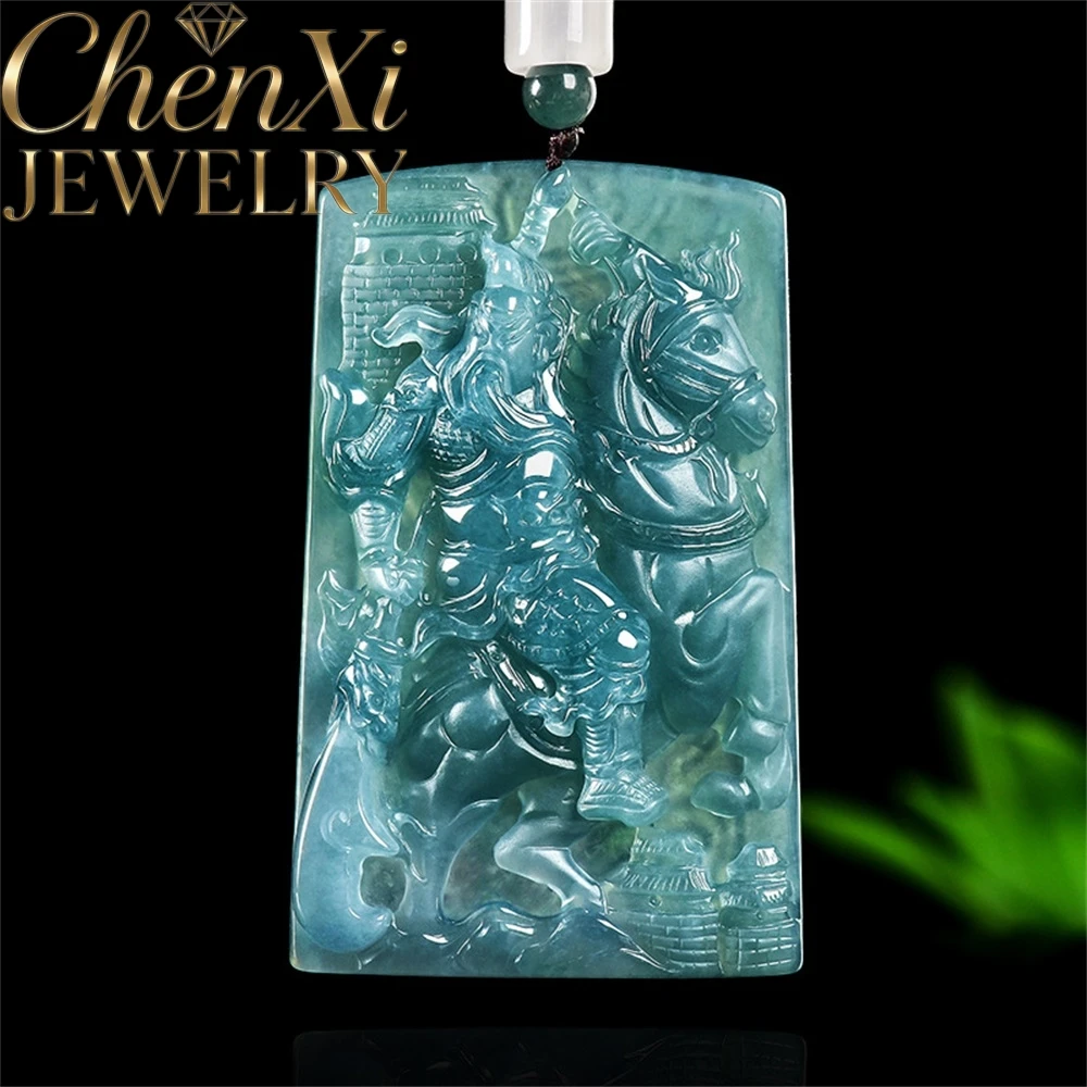 Highend Natural A-Grade Ice-Grade Jadeite Blue Water Godly Dragon Guan Gong Fine Jewelry Amulets And Mascots Gift Luxury Quality