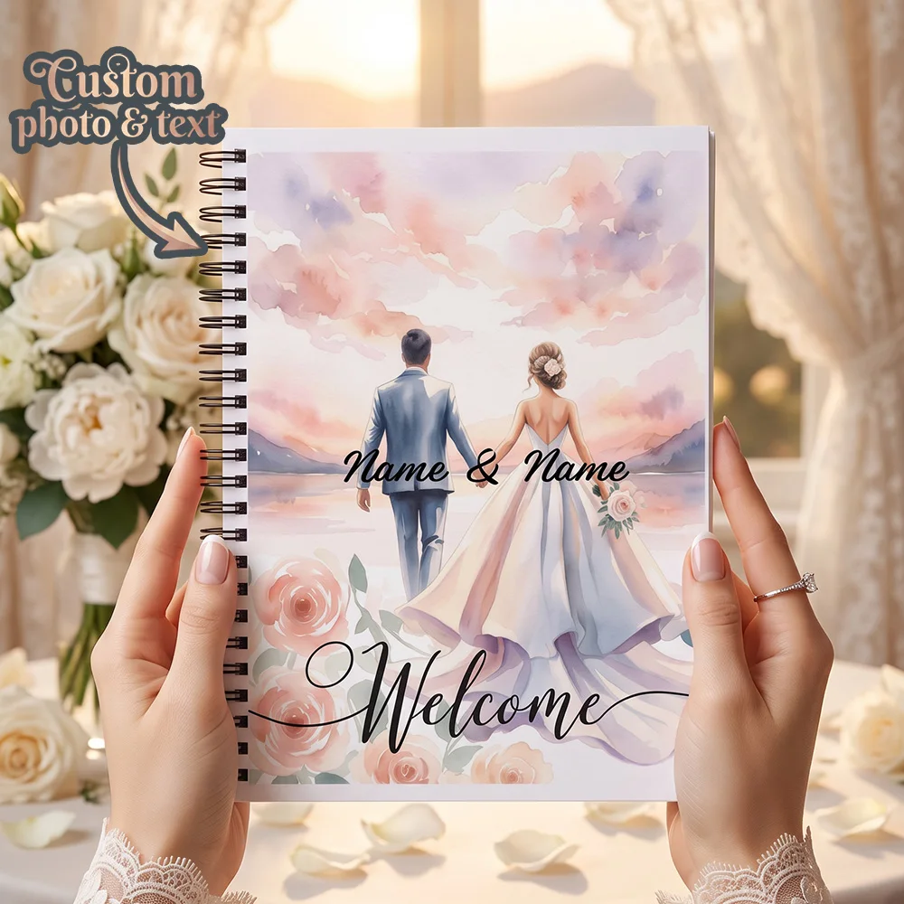Aliexpress Custom, Personalized Wedding Guest Book, Spiral Bound, Custom Photo & Text, Watercolor Bride & Groom Illustration, - Aliexpress Deal