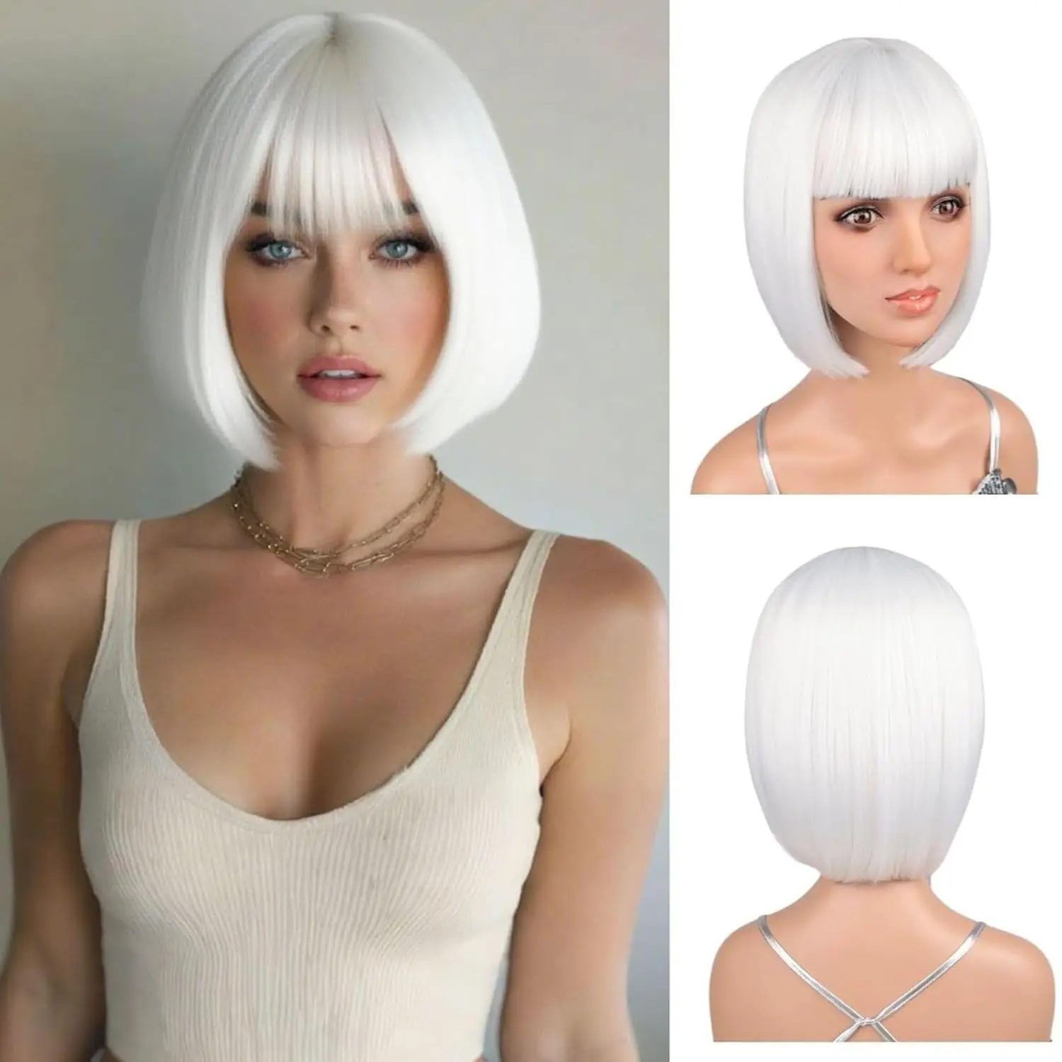 

White Bob Wig with Bangs, Short Bob Wig for Women, with Wig Cap, Synthetic Heat-Resistant Fiber, White Wig, with Adjustable Strap, Suitable for Daily Use, Parties, and Cosplay, 12inch