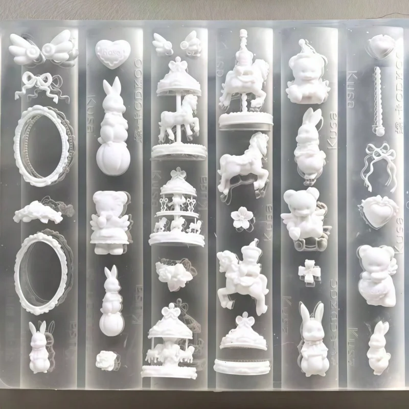 1pc 3D Nail Art Accessory Mold Unicorn Horse Carousel Bow Tie Bear Rabbit Rococo Frame Polymer Clay Mold for DIY Beauty