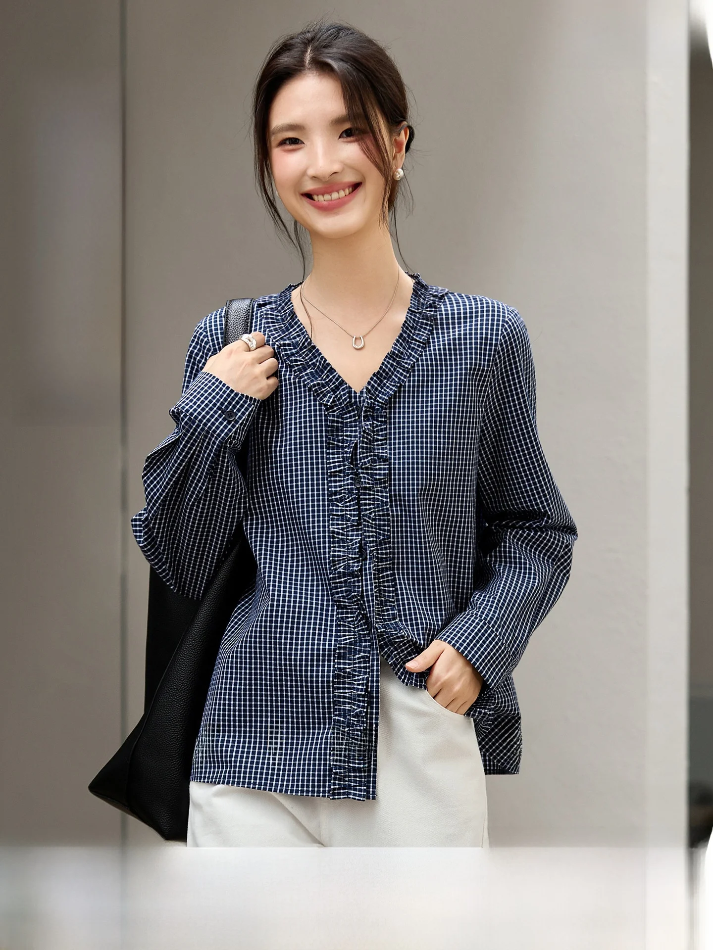 

Pure Cotton Plaid irt Women's Long Sve Turn-down Collar Cheered Pattern Casual Sle V-ne Button-up Slim Fit Autumn ...