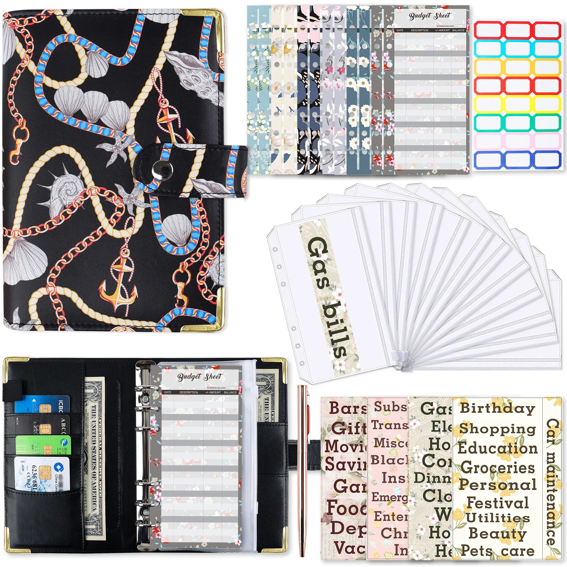 A6 Budget Binder Planner Cash Budget Book Festivals Anniversaries Organiser Stickers with Zipper Bag Portable Bookkeeping Book