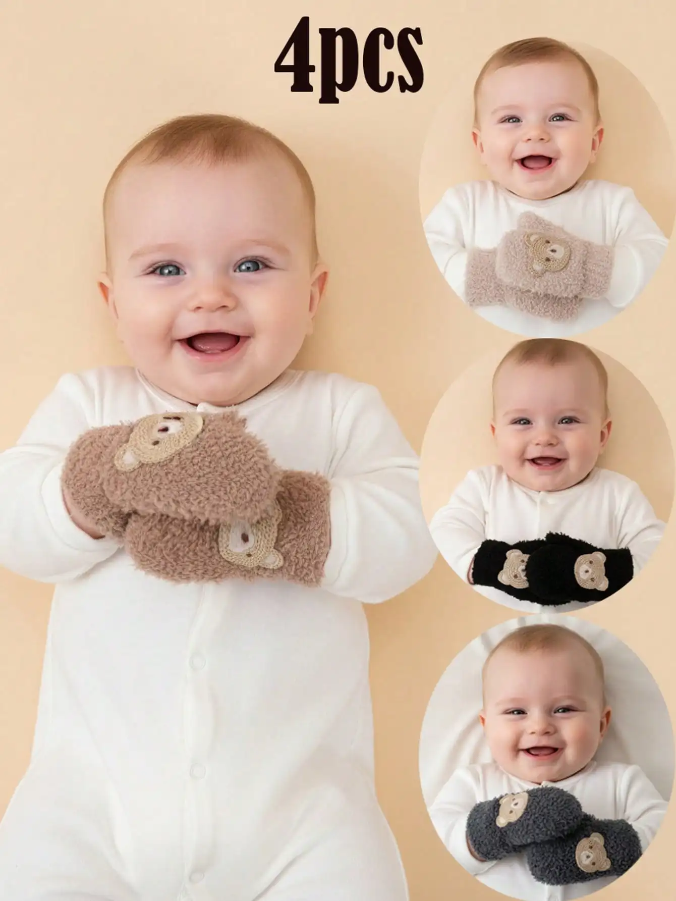 4 paires de mitaines en demi-velours pour bébés garçons de 0 à 12 mois, motif ours mignon, gants en peluche épais kaki, mitaines chaudes anti-rayures à doigts entiers 1