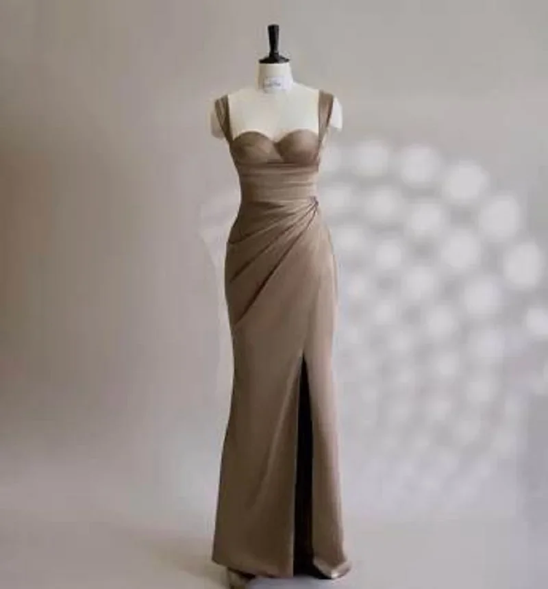 

Customized Sweetheart Spaghetti Sleeveless Satin Pleat Thigh-High Slit Dress Party Evening Dress
