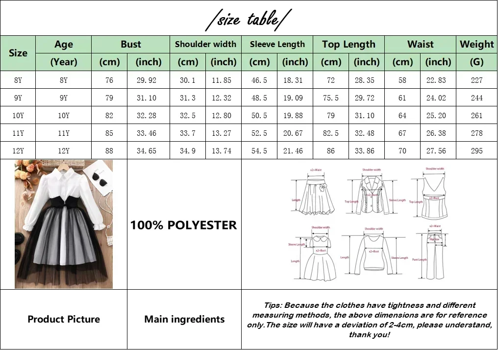 8-12Y Dress for Girls Elegant Party Children Dresses Girls Dress Long Sleeve Pure White Casual Girls Clothing Soft Ventilate