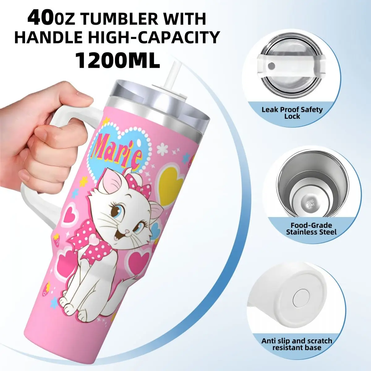 Cartoon Pink Marie Cat Stainless Steel Tumbler Kawaii Thermal Mug With Straws and Lid 40oz Car Mugs Hot Drinks Water Bottle