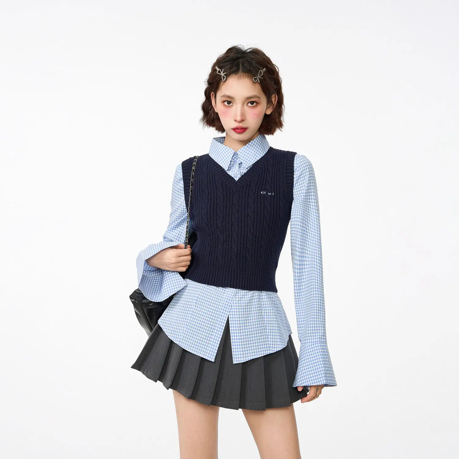 

Sweet Hot Girl Preppy Style Suit Women's Knitted Vest Blue Shirt A-line Pleated Skirt Three-piece Set Fashion Female Clothes