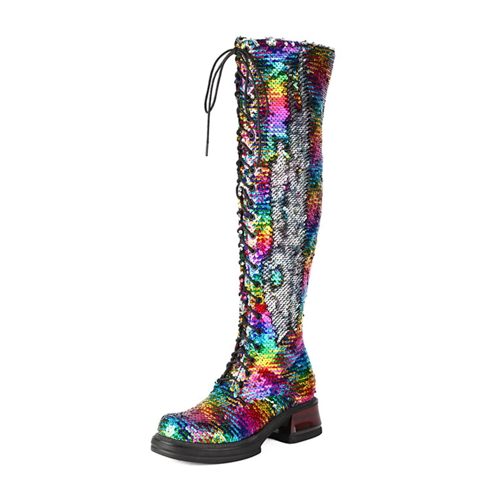 Women Sequin Knee High Boots Inner Side Zipper Fleece Lined Platform Block Heel Stage Party Long Boots EU 35-44 9890