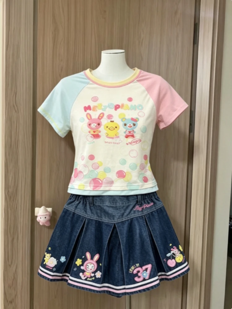 

Retro Y2K Subculture Outfits For Girls Japanese Kawaii Printed Short Tees Mini Skirts Daily Vacation Casual Slim Matching Sets