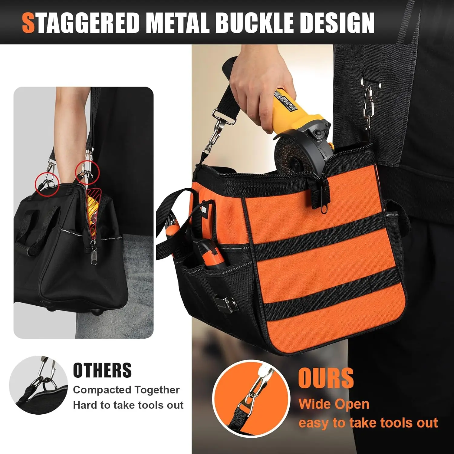 Bolsa de ferramentas resistente de 18 polegadas com 16 bolsos, alça de ombro ajustável, tecido Oxford resistente à água