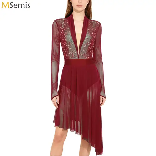 Vestido de baile lírico de Ballet para mujer, monos de malla de manga larga con diamantes de imitación, vestido de patinaje con volantes para Ropa de baile clásica