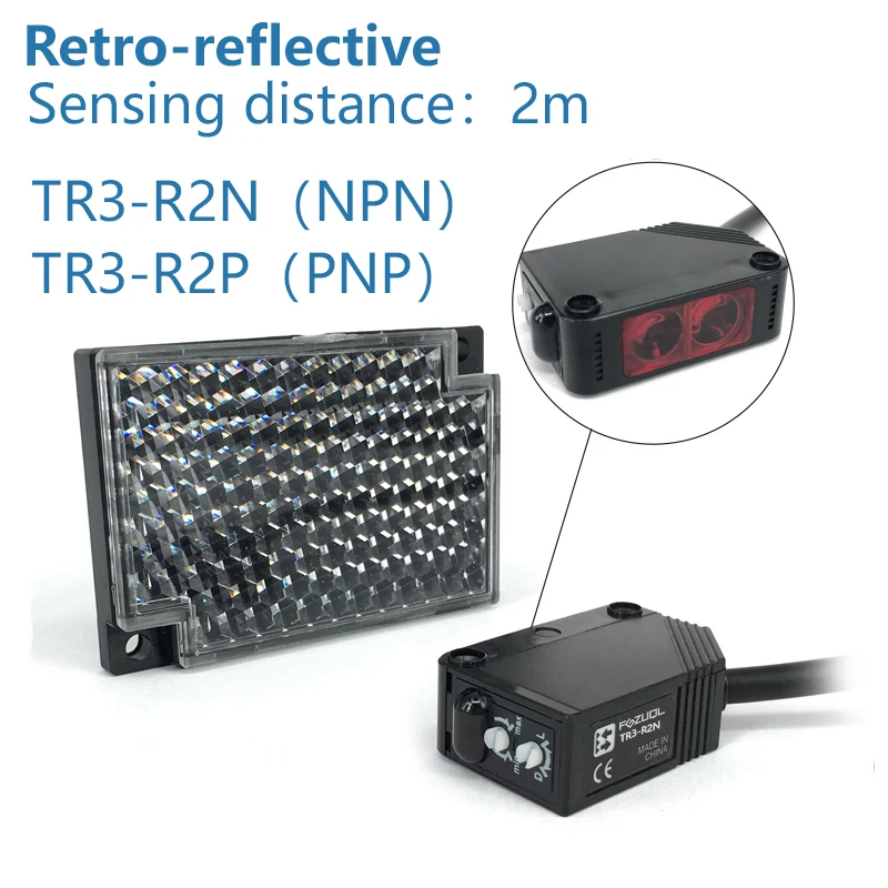 Kompaktowy przełącznik fotoelektryczny, odblaskowy, odblaskowy, odblaskowy, zakres wykrywania NPN/PNP, regulowany TR3