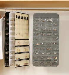 48/80 Pocket Double-Sided Hanging Jewelry Organizer Storage Roll with Hanger for Earrings Necklaces Rings-Closet Jewelry Holder