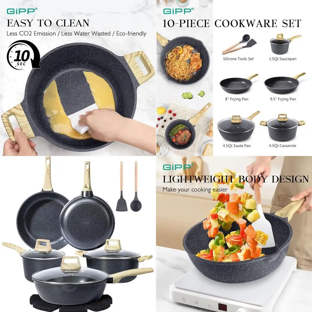 

10-Piece White Granite Nonstick Induction Cookware Set with Frying Pans, Saucepans, Silicone Utensils, PFAS-Free Gray