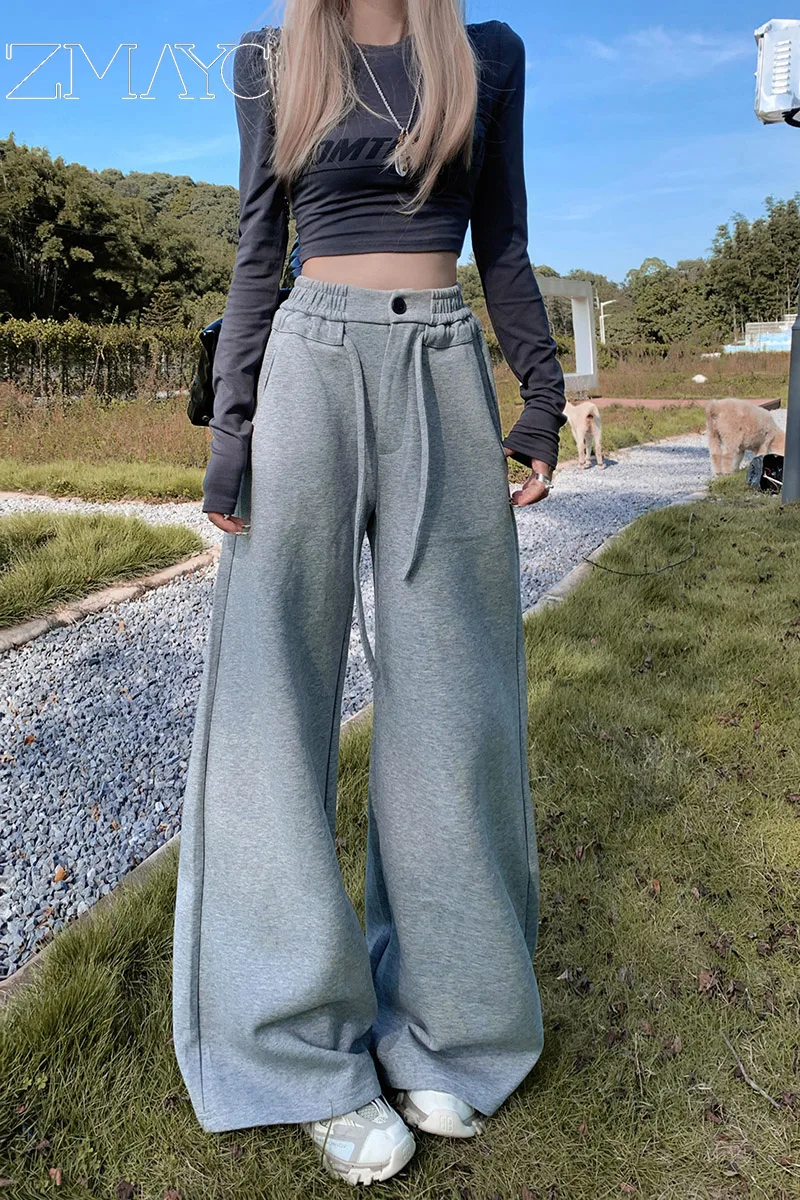 ZMAYC Women's Streetwear High Waisted Outside Casual Long Pants Fashion Drawstring Wide Leg Baggy Vintage Straight Trousers