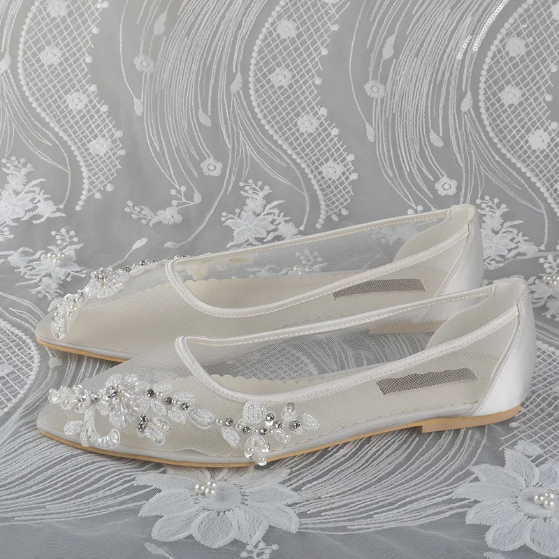 

Venus lure Customized Pointed Toe Ivory Flat Wedding Shoes Bride Mesh with Pearl Oranments Dropshipping