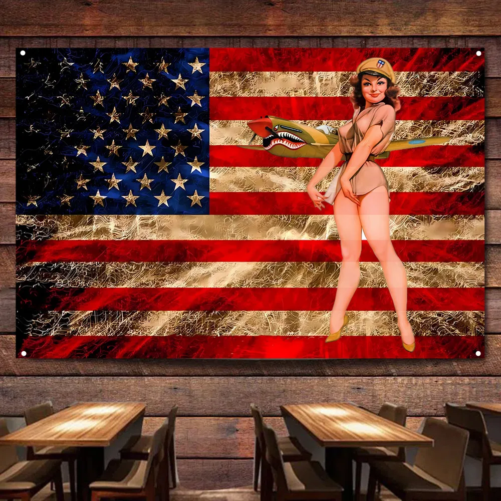 Funny Pin Up Girl Print Art Banner Nostalgic Vintage American Flag Tapestry Wall Art Posters Outdoor Indoor Home Room Decoration