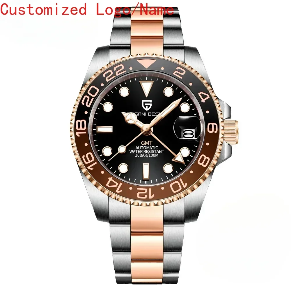 40mm relógio masculino gmt relógio de pulso mecânico automático preto azul ouro safira moldura cerâmica pulseira aço inoxidável personalizado
