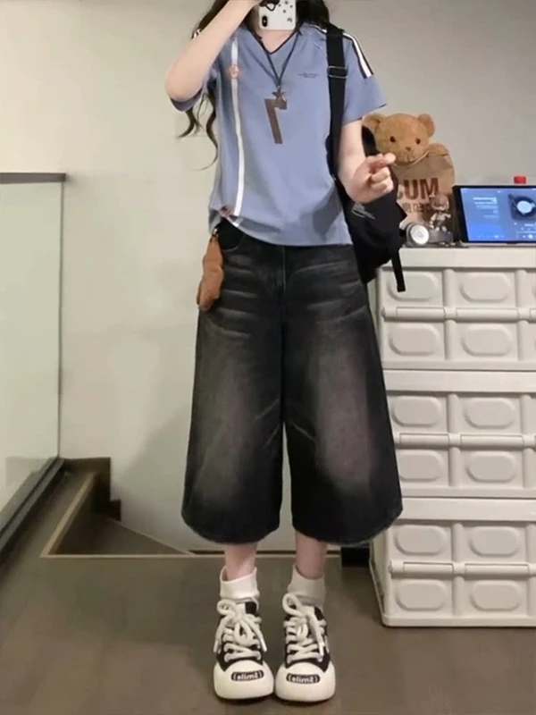 

Retro American Washed Black Seven-Foot Women's Jeans Summer New Loose Slimming Wide-Leg Mid-Pants Casual High Waist Denim