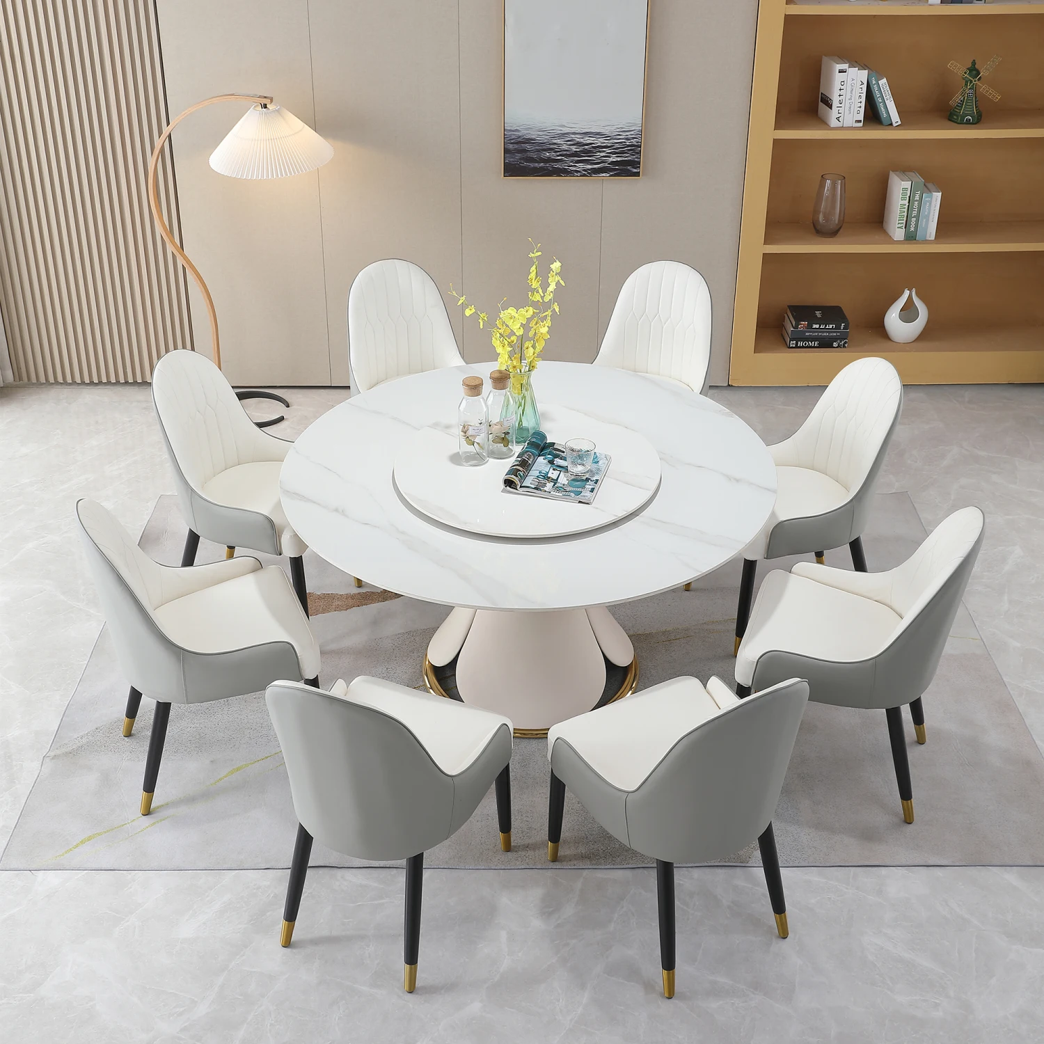 

59.05"Modern Sintered stone dining table with 31.5" round turntable with wood and metal exquisite pedestal with 8 pcs Chairs .