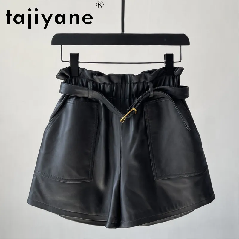 TAJIYANE Sheepskin Women's Shorts Loose Real Leather Shorts Wide Leg Short Pants Belt A-line Shorts for Woman High Waist Шорты