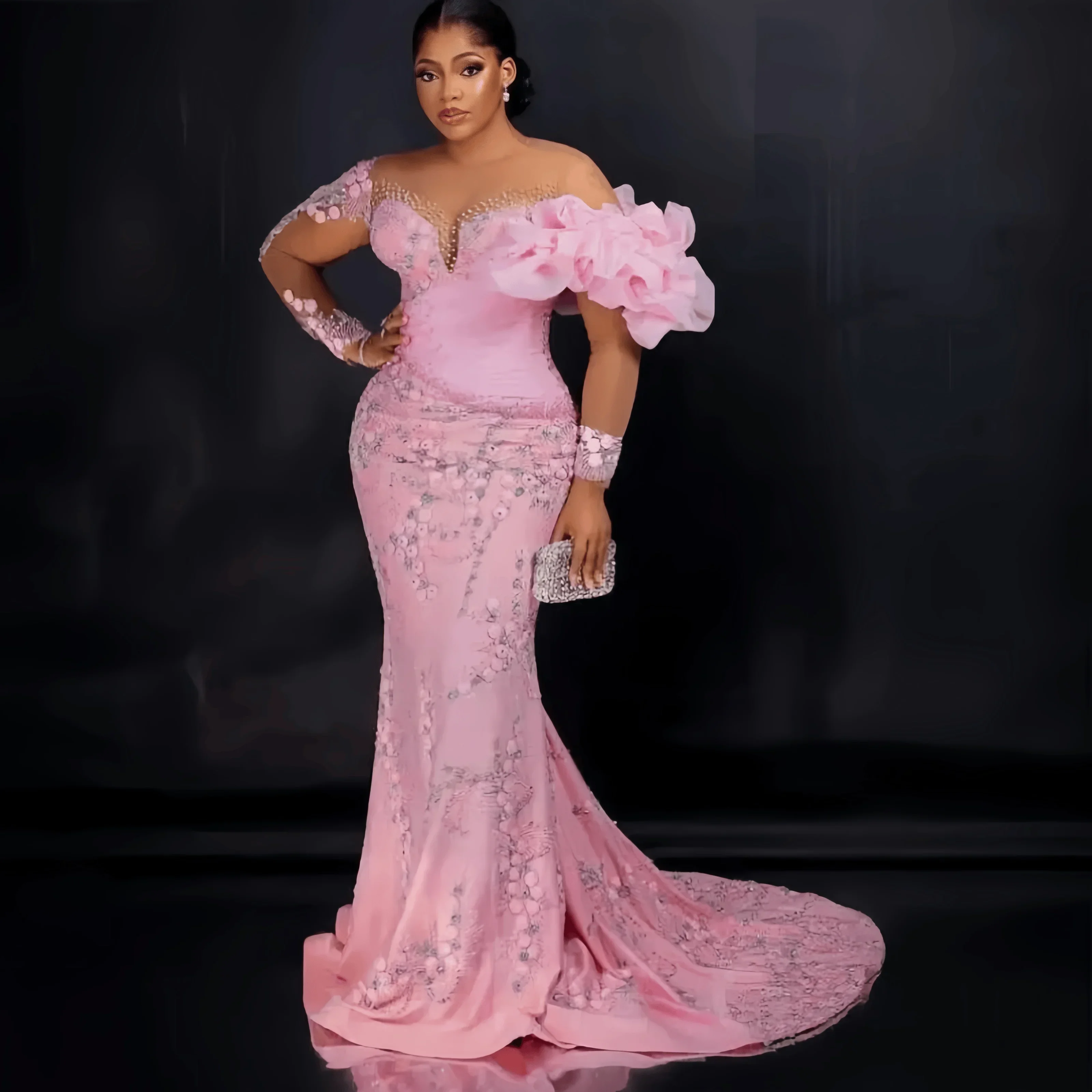 

2026 New Pink Mermaid Evening Dress Flower Embroidery Long Sleeve Ball Party Dress Luxury Women's Birthday Dress Customization