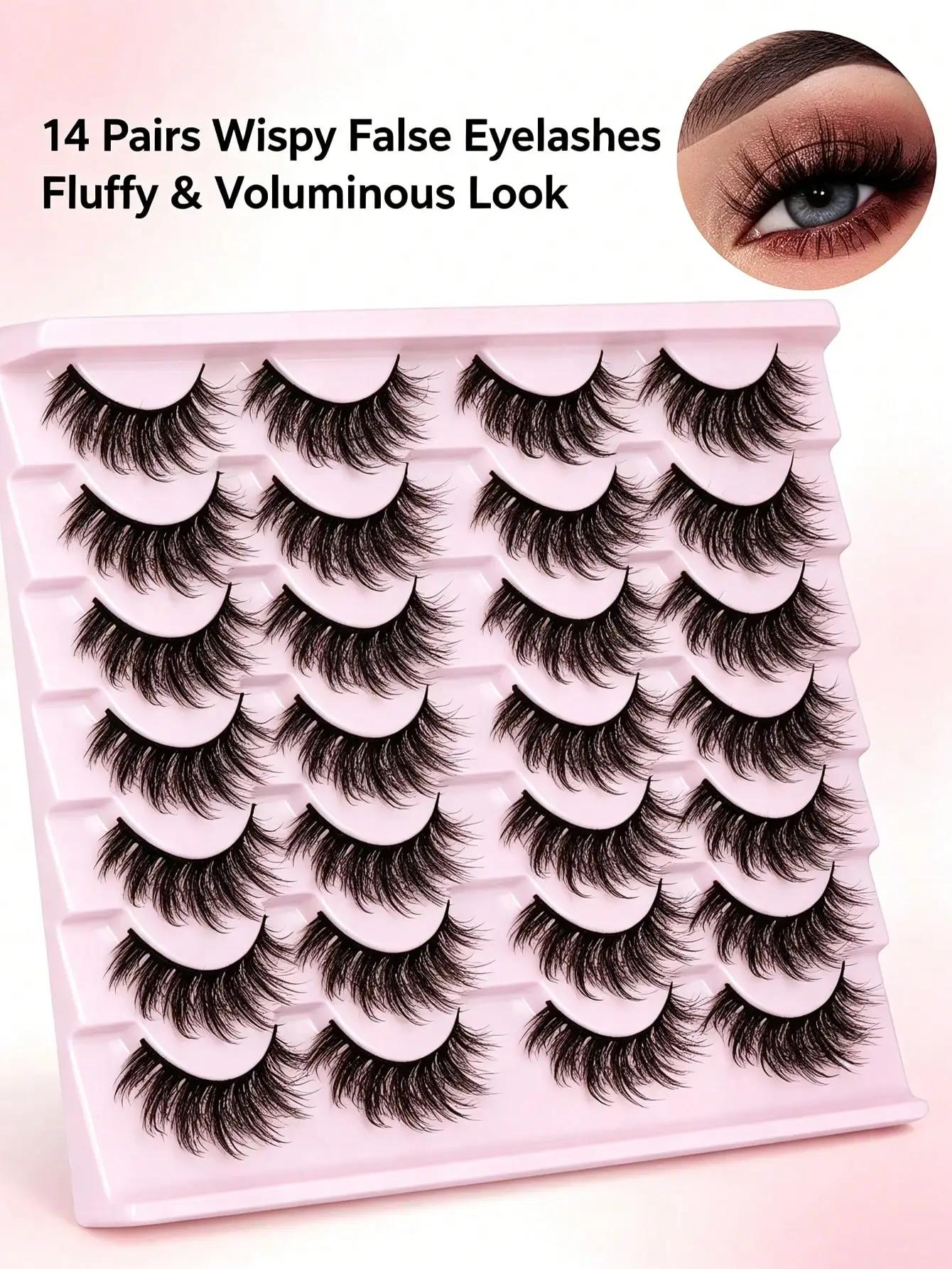 14 Paar künstliche Wimpern, natürliche Kunstnerzwimpern, flauschige, federnde Katzenaugen-Wimpern, 14 mm, 3D-Volumen-Streifen-Wimpern, Packung – Detail 2