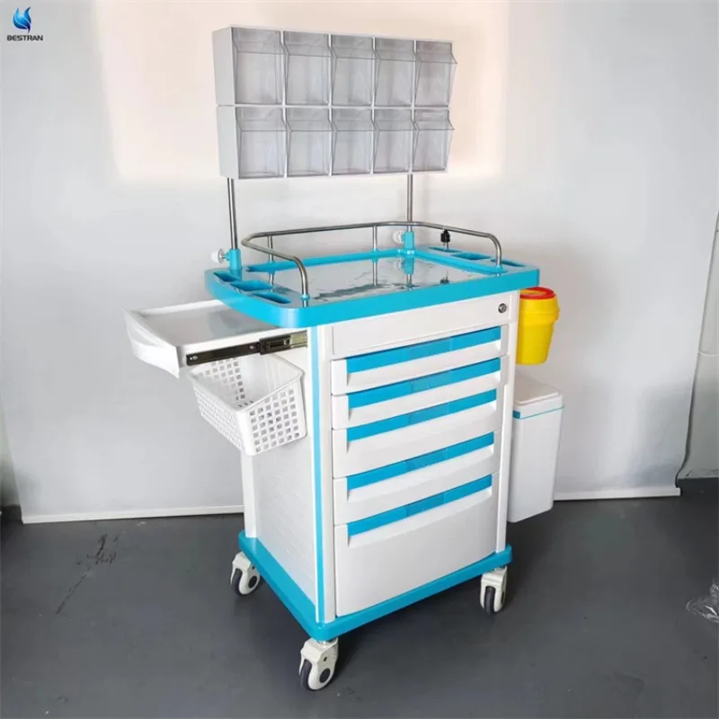 Hospital ABS Plastic Anesthesia Trolley Medical Anesthesia Cart with Drawers Two Layers of Anesthesia Boxes Price