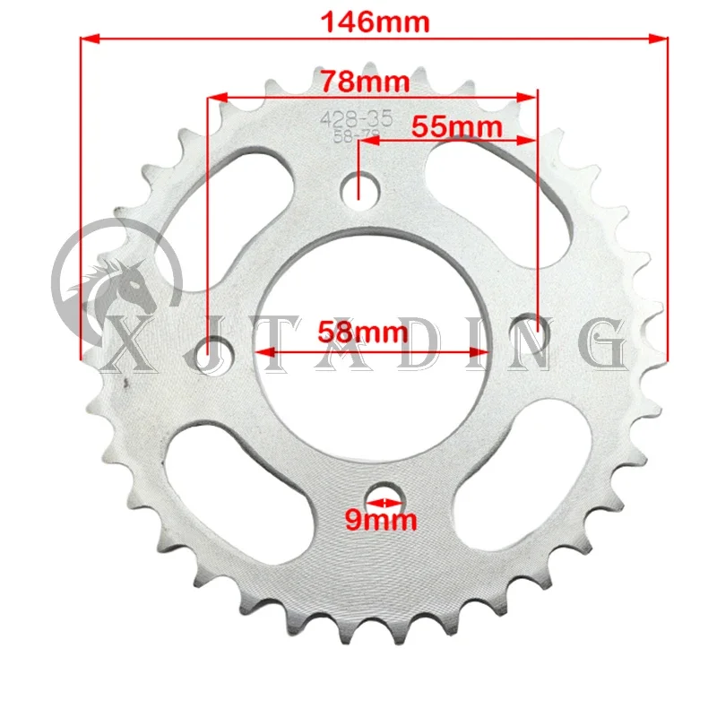 Piñón Trasero de Motocicleta 428-35T de 35 Dientes y 58 mm para ATV, Quad, Pit Bike, Buggy, Go Kart de 50cc y 125cc, Piñón para Cadena 428